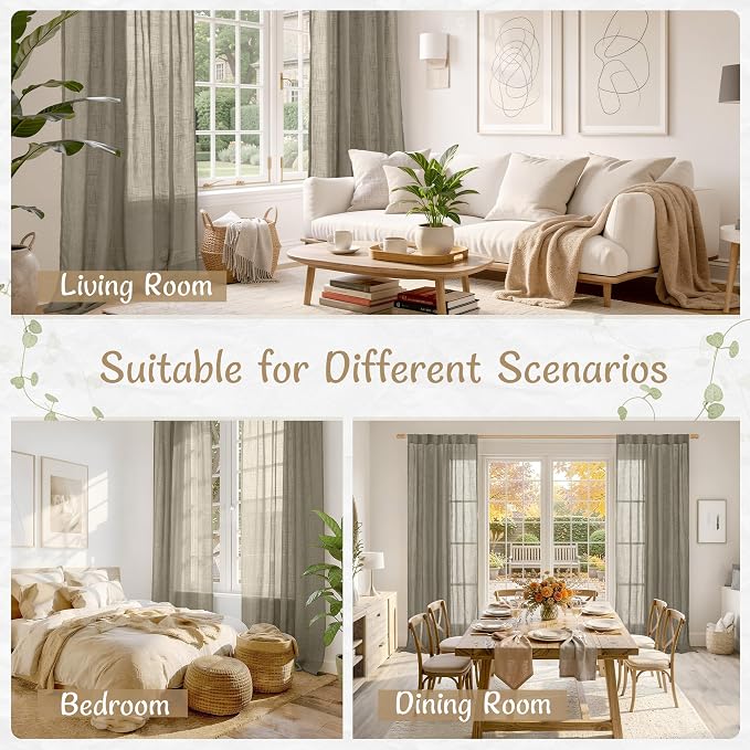 Taupe Linen Sheer Curtains 84 inch Long for Living Room, 52 x 84 Inch | Light Filtering Semi Sheer Panels, Window, Curtains for Bedroom, Sliding Glass Door, Back Tab Rod Pocket, 2 Panels
