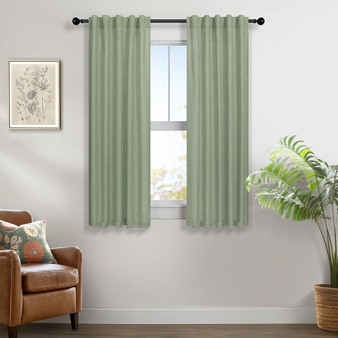 Sage Green Curtains 38 Inch Width for Kitchen Doors 2 Panels Back Tab Rod Pocket Linen Cafe Tier Light Filtering Short Sheer Light Green Curtains for Bathroom Laundry Farmhouse Decor Wide 38x45 Length