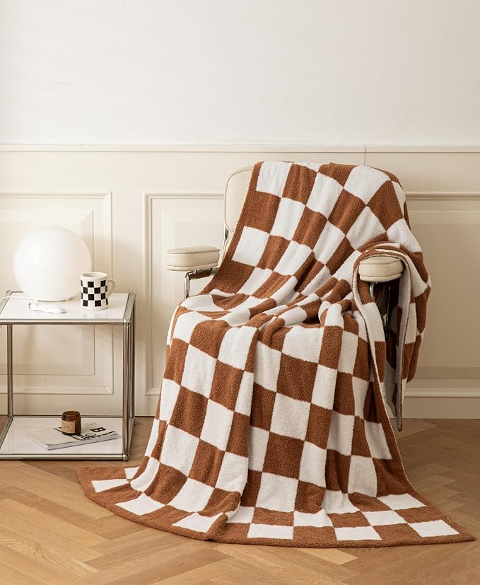 Ultra-Soft Buffalo Checkerboard Grid Fluffy Microfiber Knitted Throw Blanket Super Cozy Lightweight Checkered Bed Blanket for Sofa Couch Bed Khaki 51"X63"