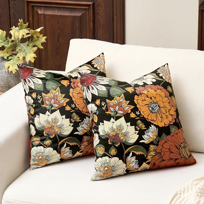 Tyrot Black Boho Floral Fall Velvet Throw Pillow Covers 16x16 Inch Set of 2 Farmhouse Cushion Covers Mid Century Modern Botanical Home Decor Pillow Cases for Couch Bed Sofa Living Room, Bedroom