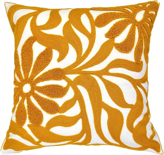 Alysheer Floral Embroidered Throw Pillow Cover 18"x18" 1pc, Mustard Yellow
