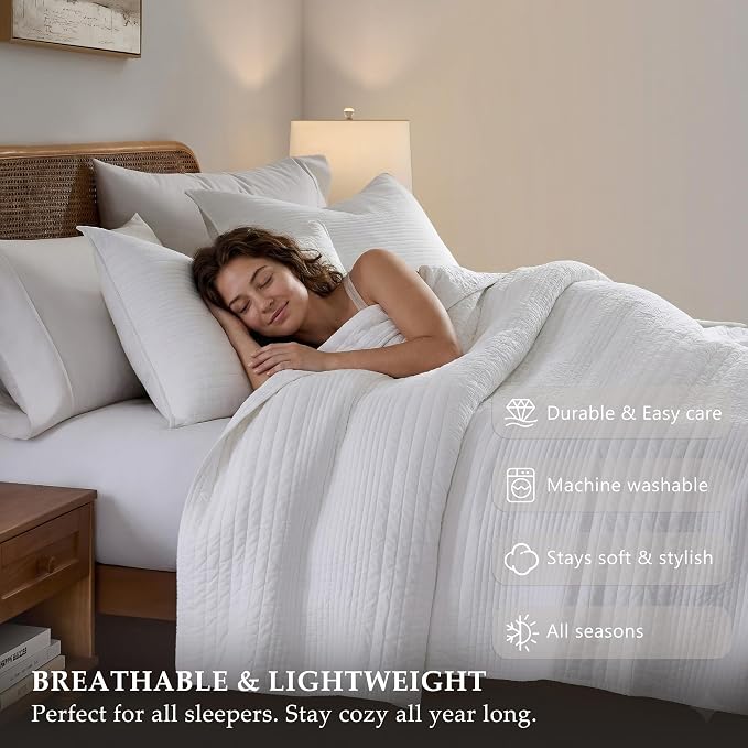 palassio Striped White 100% Cotton Quilt Twin Size Bedding Sets, Lightweight Crinkly Channel Pick Stitch Textured Bedspread Soft Shabby Chic Farmhouse Country Coverlet for All Season, 1 Sham