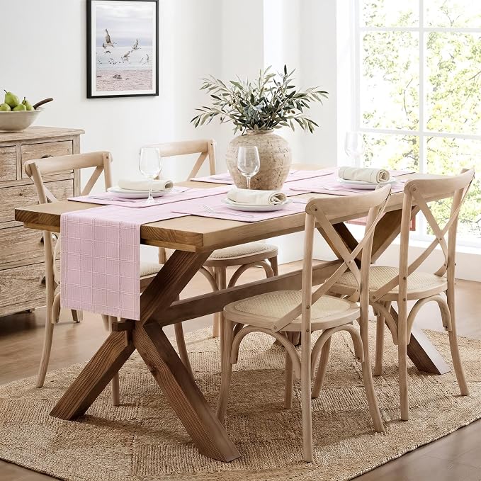 ZeeMart Linen Checked Farmhouse Table Runner, 13x48 Inches Pink | Raised Grid Design, Rich Woven Texture, Linen Blend Table Runners 48 Inches Long, Machine Washable, Boho Home Kitchen Decor