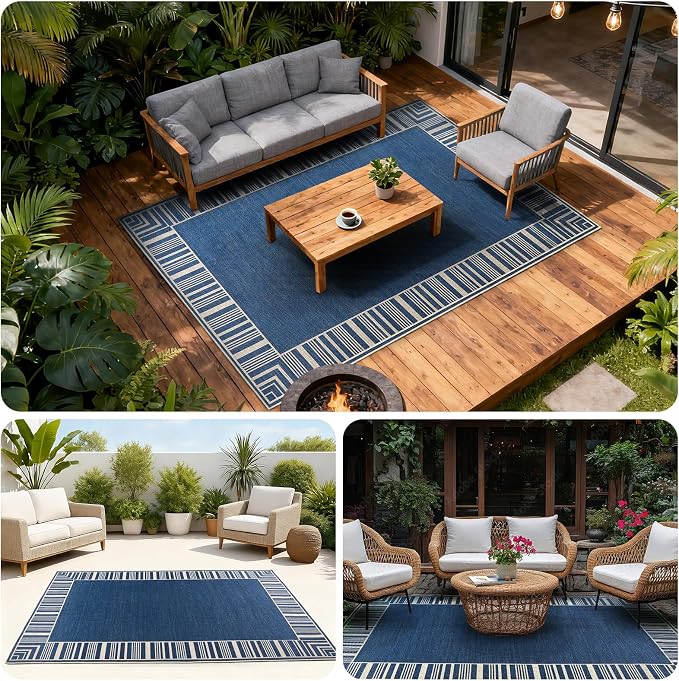 COZYLOOM 8x10 Indoor Outdoor Rugs Machine Washable Area Rugs for Living Room, Non Slip Non Shedding Bordered Easy Jute Rug Stain Resistant Modern Striped Carpet for Bedroom, Patio, Backyard, Blue