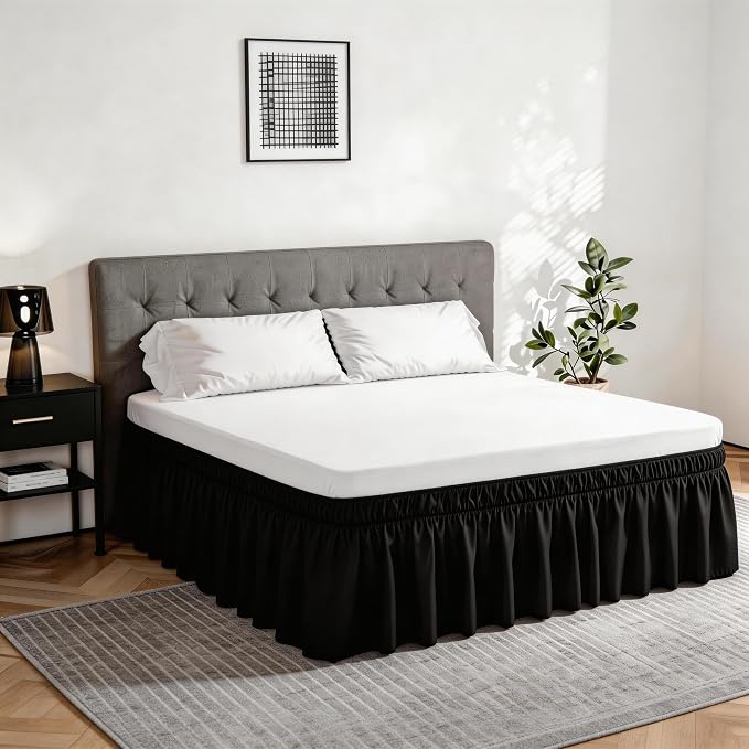 Vocander Black King Bed Skirt 14 Inch Drop, Elastic Wrap Dust Ruffle | Hides Underbed Storage, No Mattress Lifting, Elastic Stays Put, Soft Fabric, Machine Washable, Polished Look