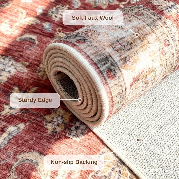 5x7 Washable Rug for Living Room, Non Slip Carpet for Bedroom | Soft faux wool, machine washable & stain resistant. Non-slip rubber backing, low pile. For living room, bedroom, office.Red.