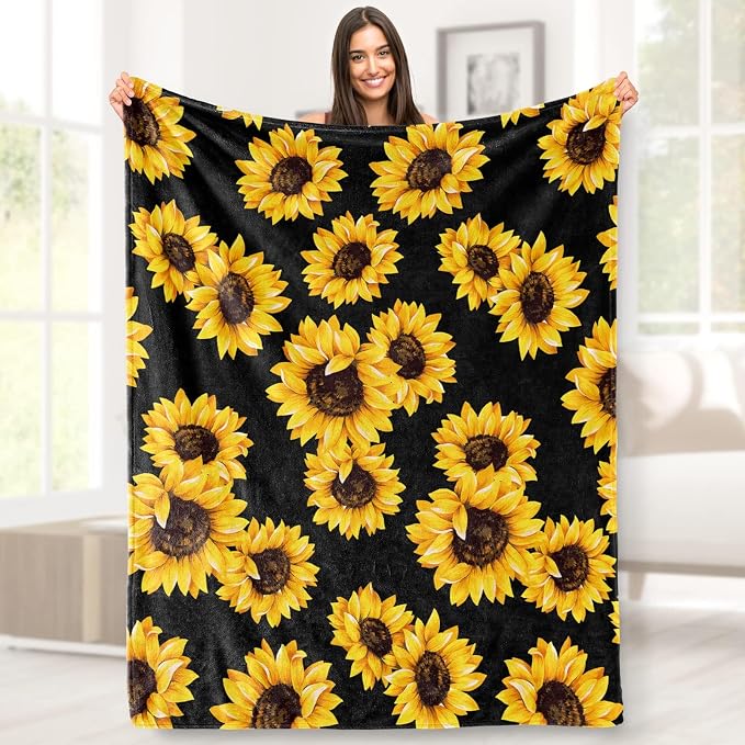 Sunflower Blankets Gifts for Women, Double-Sided Throw Blanket Cute Bedding for Girls, Lightweight Flannel Cozy Plush for Adult Kids, Sunflowers Girly Bedroom Decor (Black and Yellow)50x60 inch