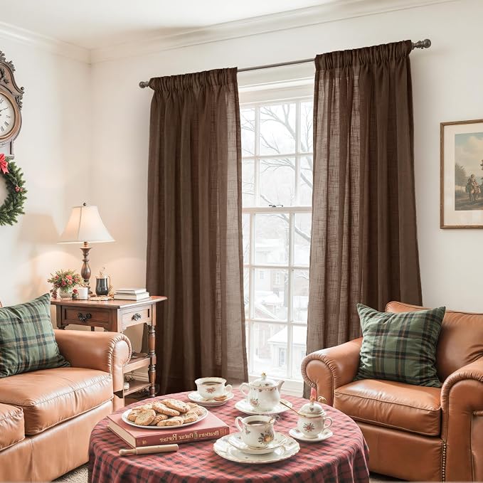 YoungsTex Brown Linen Sheer Curtains for Living Room 2 Panels Rod Pocket | 84 Inch Chocolate Drapes Light Filtering with Back Tab for Dining Bedroom, 52 X 84 Inch
