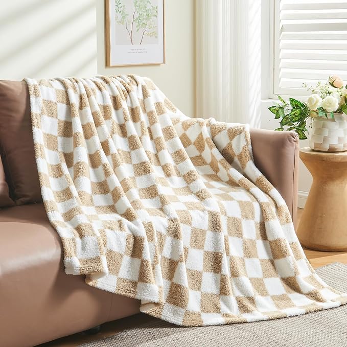 NEWCOSPLAY Knitted Throw Blanket for Couch Sofa Bed, Brown White, 60"x80" | Super Soft Plush, Fuzzy Fluffy Microfiber, Lightweight Cozy Blanket for Room Decor, All Season Use