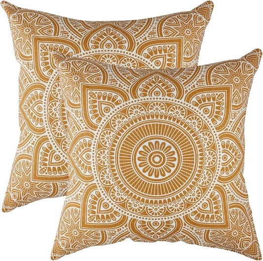 TreeWool Mandala Accent Throw Pillow Covers 18x18 Set of 2 (Mustard) | Decorative Throw Pillowcases for Sofa & Couch; 100% Cotton Accent Covers Ideal for Spring & Summer Stylish Home Decor