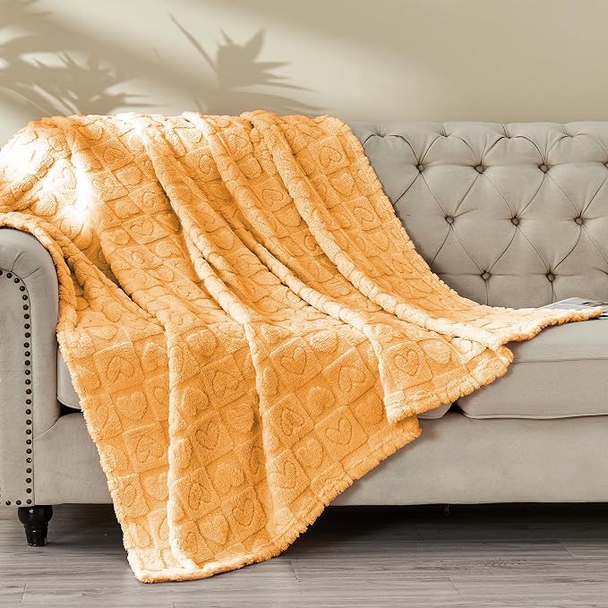 FY FIBER HOUSE Knitted Throw Blankets with Heart Checkered,Soft Warm Blankets for Lover Mom Father Gifts,Washable Lightweight Fuzzy Blanket for Couch Sofa Bed All Season(Orange,90"x108")
