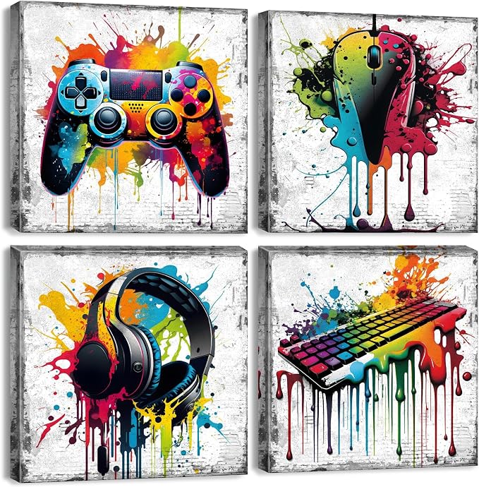 Banksy Gaming Wall Art Game Room Decor for Boys Graffiti Gamer Playroom Wall Decor Cool Gamepad Headphones Canvas Pictures Street Pop Painting Modern Artworks Bedroom Home Decorations 16x16" 4 Pieces