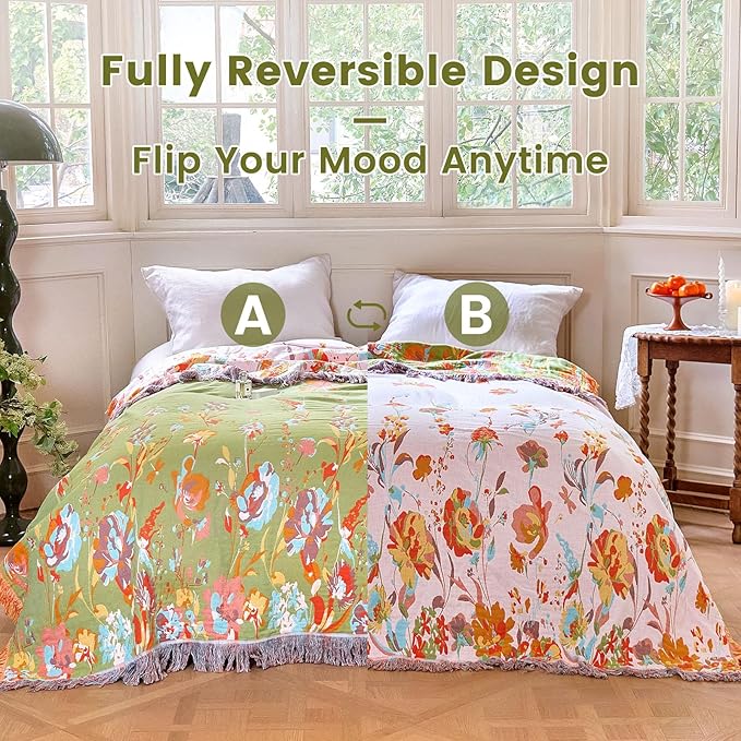 MSGKV Boho Throw Blanket 60"x80" Summer Cotton Butterfly Floral Blanket | Butterfly Floral Pattern, Muslin Throw, Reversible Woven, Lightweight Comfort, Farmhouse Decor, All Season, Machine Washable