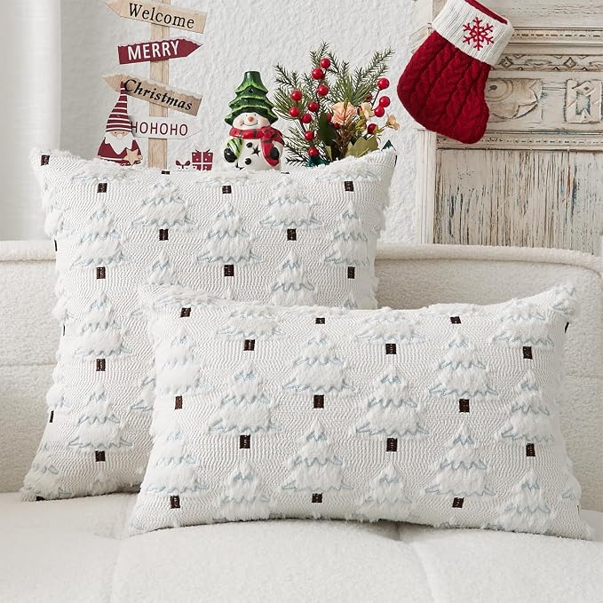 Kevin Textile Christmas Tree Pillow Covers 16x16 Inch Set of 2 Soft Plush Faux Fur with White Snow Embroidery Decoration Pillowcases for Couch Sofa Holiday Festivals Winter Xmas Gift, White Cream