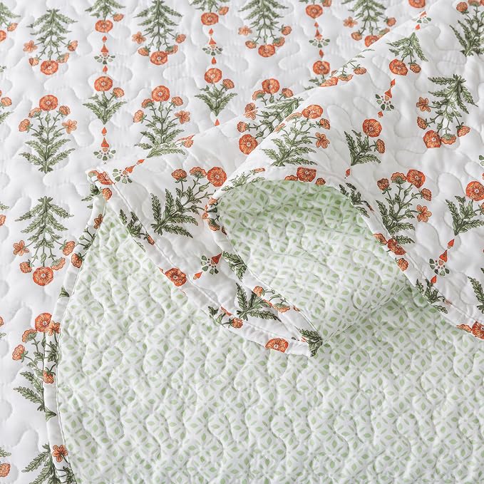 Travan 3-Piece Quilt Set Quilted Bedspread Lightweight Coverlet Set Garden Style Floral Printed Oversized Quilted Bedding Set for All Season, Orange Mirror, Queen Size
