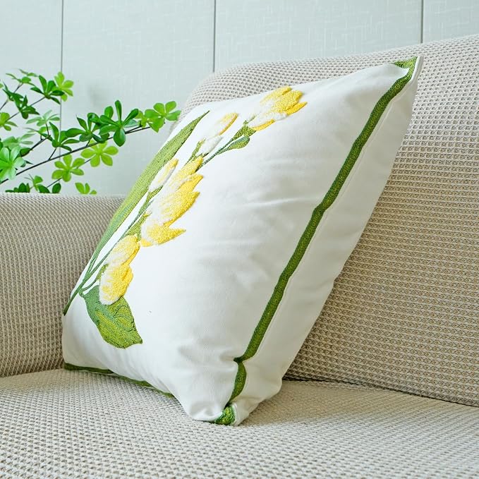 vctops Farmhouse Hibiscus Flowers Cotton Tufted Throw Pillow Cover Spring Floral Embroidery Pillowcase Soft Square Cushion Case for Sofa Couch Bed Chair (Yellow F,18"x18")