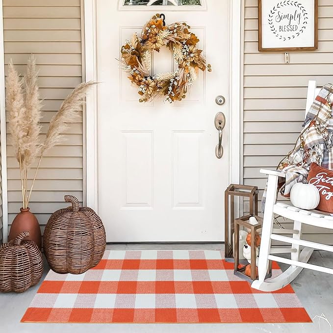 Buffalo Plaid Outdoor Rugs, 2'x4'3'' Orange and White Checkered Indoor/Outdoor Area Rug, Layering Rug for Hello/Welcome Door Mat, Washable Cotton Woven Farmhouse Mat for Fall Front Porch Décor