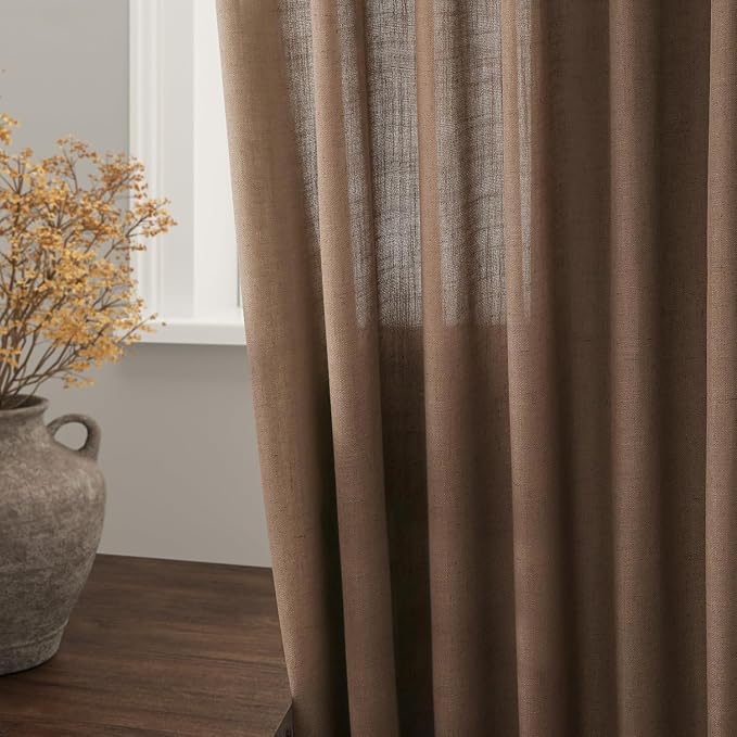 Caramel Brown Linen Curtains for Living Room 95 Inches Long Back Tab and Rod Pocket Light Filtering Semi Sheer Vintage Rustic Curtain Luxury Boho Decor Drapes for Bedroom Office 52x95, 2 Panels