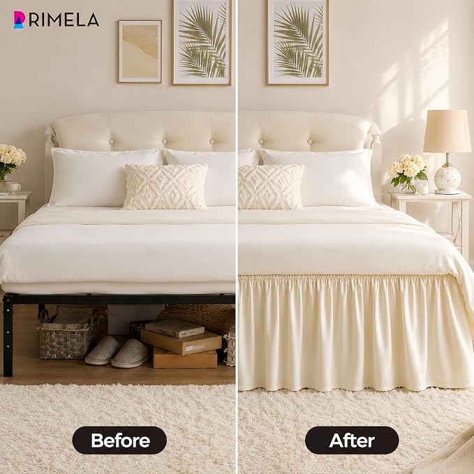 Light Beige Bed Skirt King Size 15" Drop, Elastic Wrap Around Bedskirt | Solid Ruffled, Easy to Use, No Mattress Lifting, Wrinkle & Fade Resistant, with Adhesive Strips, Machine Wash/Dry/Iron