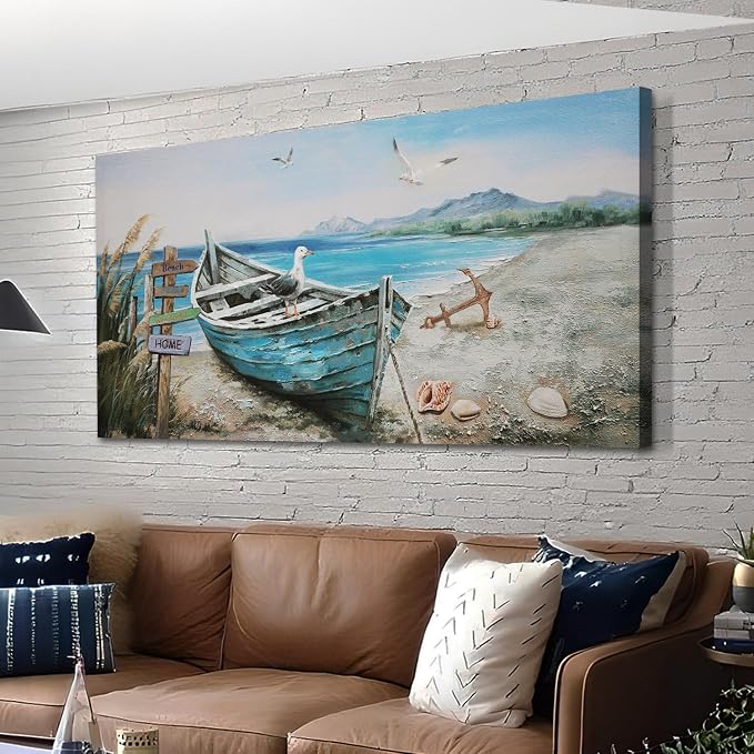 Anolyfi Nautical Wall Art Decor Coastal Artwork for Living Room 58"x29" | HD Print and Hand-painted Textured, Easy to Hang, Durable Colorfast, Blue Boat Beach Paintings for Hallway Home Decor