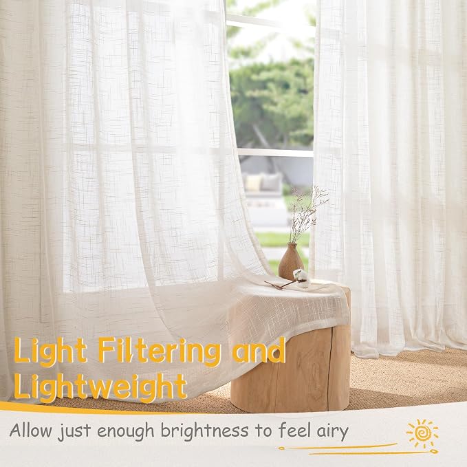 YoungsTex Extra Long Linen Curtains 102 Inch Length for Living Room - Semi Sheer Drapes Light Filtering with Rod Pocket Back Tab Rustic Lightweight for Bedroom Windows, 2 Panels, 52 X 102 Inch