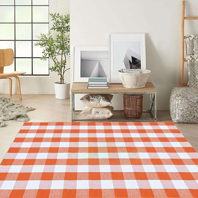 Buffalo Plaid Outdoor Rugs, 4' x 6' Orange and White Checkered Indoor/Outdoor Area Rug, Layering Rug for Hello/Welcome Door Mat, Washable Cotton Woven Farmhouse Mat for Fall Front Porch Décor