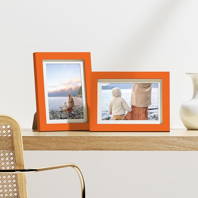 Vittanly 5x7 Picture Frames Set of 9 for Wall or Tabletop Display, Orange | Display Pictures 4x6 with Mat or 5x7 without Mat, Small Photo Frames, Engineered Wood with Shatter Resistant Plexiglass