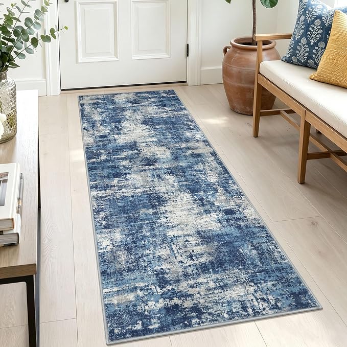 Lansny Abstract Washable Kitchen Runner 2x5 Runner Rug Non Slip for Hallway | Blue;Thin Printed Faux Wool Entryway Runner Indoor;Hallway Runner Rug;Rubber Backed 5ft Floor Carpet Runners;Bedroom Runners