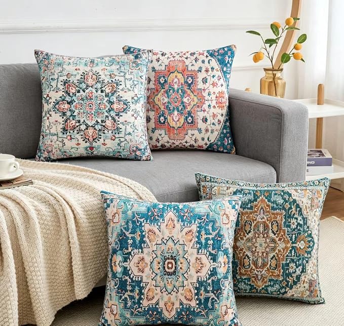 Throw Pillow Covers 20x20 Inch Set of 4 Washable BOHO Vintage Style Decorative Throw Pillow Cases Soft Velvet Square Farmhouse Decor Retro Cushion Covers for Couch Sofa Bed Living Room Outdoor