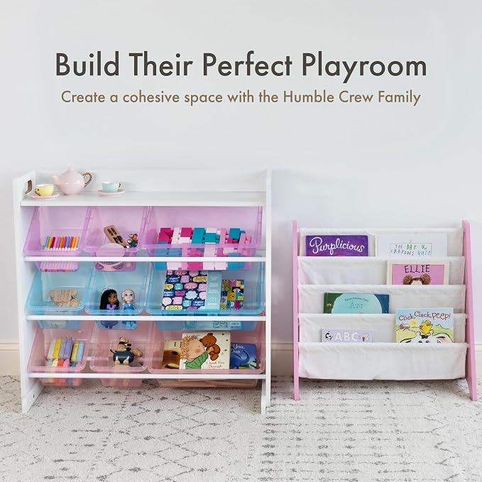 Humble Crew Kids Bookshelf, Montessori Front Facing Toddler Bookcase 4 Tier | Book display rack and reading nook organizer, nylon pockets show covers face out, compact for any playroom or bedroom space