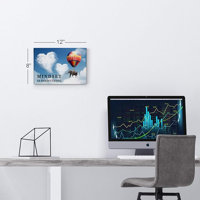 Smile Art Design Mindset is Everything Quote Elephant with Balloon Blue Sky Motivational Wall Art Canvas Print Inspirational Wall Art Entrepreneur Quote Office Decor Artwork Gift Ready to Hang 15x22
