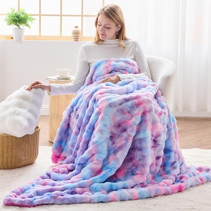 NEWCOSPLAY Faux Fur Bubble Twin Blanket for Couch, Purple Rainbow, 60"x80" | Fluffy Soft Thick Warm Bubble Blanket for Couch Sofa Bed 700GSM, Plush Cozy Luxury Decorative Throw, Gift for Women Men