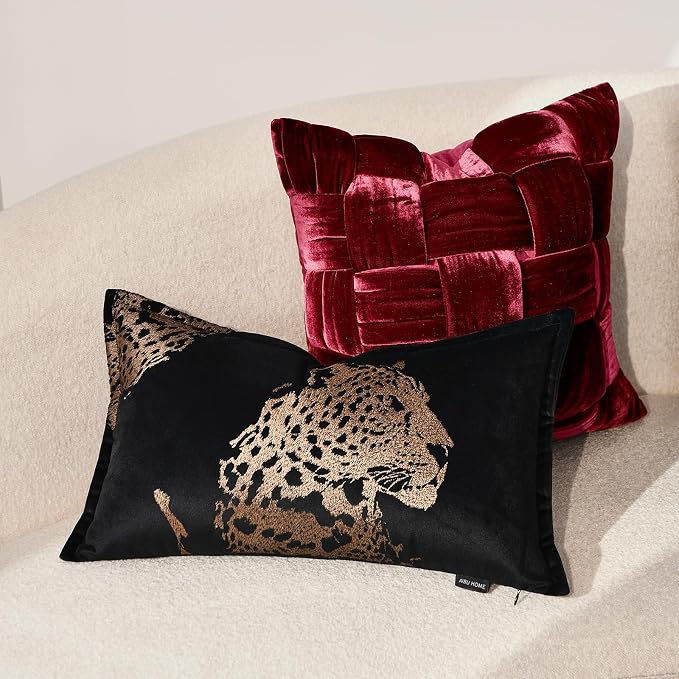 Luxury Black Velvet Lumbar Pillow Covers 12x20'' inches, Hand-Embroidered Brown Cheetah Face Decorative Throw Pillow Case, Modern Glam Home Accent with Hidden Zipper for Living Room
