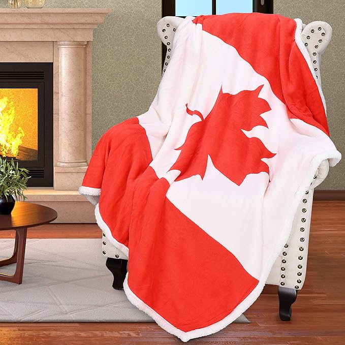 Catalonia Sherpa Fleece Blanket,Canada National Flag Maple Leaf Print Patriotic Plush Super Soft Warm Reversible Polar Throws for Couch Bed 60” x 50”