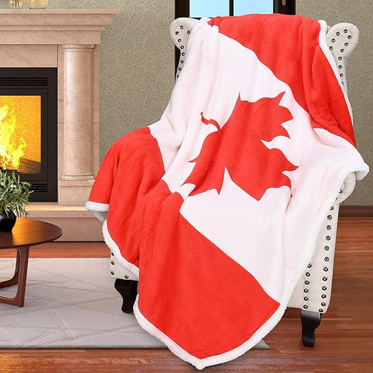 Catalonia Sherpa Fleece Blanket,Canada National Flag Maple Leaf Print Patriotic Plush Super Soft Warm Reversible Polar Throws for Couch Bed 60” x 50”