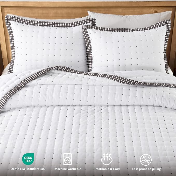 WDCOZY White Cloud Quilt Set Queen Size, Lightweight Soft Cross Stitch Bedspread, Farmhouse Rustic Country Coverlet, Spring Summer Thin Comforter, 3 Pieces, 2 Pillow Shams, 90x90 inches