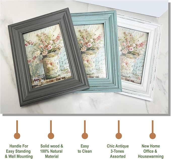 Vintage 5x7 Inches Wooden Picture Frame Pack of 3 Farmhouse Aqua Grey White - Rustic Thick Wood High Definition Glass Photo Frame Outside 7.9x9.9 Inches - 2 Ways Display Tabletop or Wall Mounted