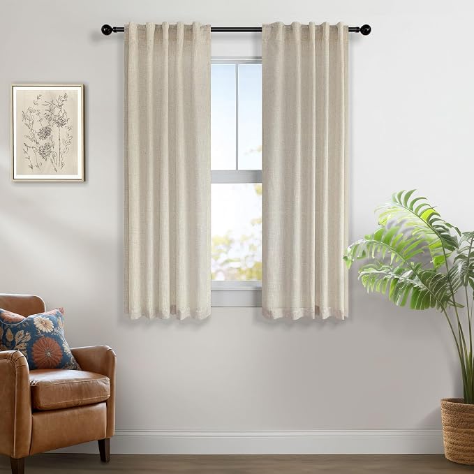Flax Linen Curtains 38 Inch Width for Kitchen Farmhouse 2 Panels Back Tab Pocket Light Reducing Semi Sheer Tan Beige Curtains for Bathroom Window Door Entryway Cottage Decor Wide 38x45 Inch Length