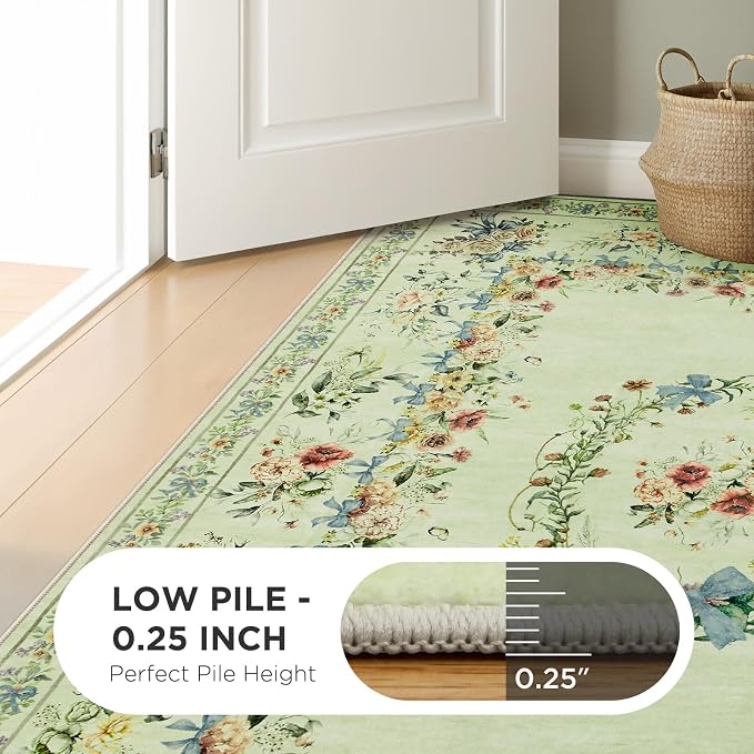 Joydeco Boho Bow Floral Machine Washable Round Rugs 5ft, Beige Flower Circle Girls Bedroom Nursery Area Rug Non Slip, Circular Indoor Carpet for Kids Playroom Living Dining Room Classroom, Beige