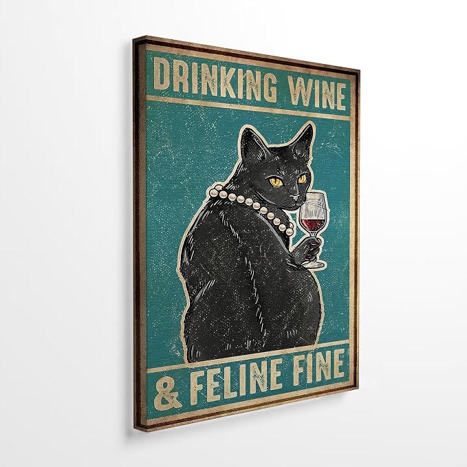 DIHSIEG Funny Cat Wine Wall Art, Drinking Humor Canvas Print 12x16Inch | Unframed Modern Kitchen Print Poster Decor Vintage Animal Wall Art for Bar, Dining Room, Wine Room & Home, Unique Funny Gift
