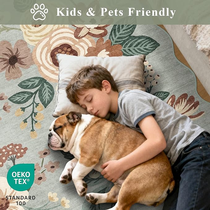 DUKINO 2x10 Runner Rug for Hallway, Washable Kitchen Rugs, Sage Green | Non Slip, Low Pile, Soft Floral Throw Carpet Runner for Entryway, Bedroom, Bathroom, Laundry, Pet Friendly, Modern Home Decor