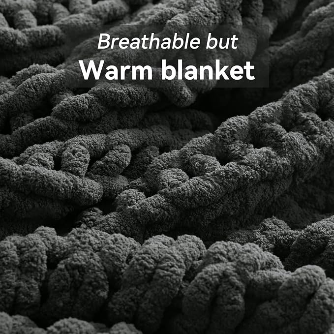 Negwoo Chunky Knit Throw Blanket, Knitted Throw Chenille Yarn, 40"*50" | Soft Thick Cable Knitted Blankets, Handmade Big Thick Blanket, Machine Washable Cute Comfy Blanket for Home Decor, Dark grey