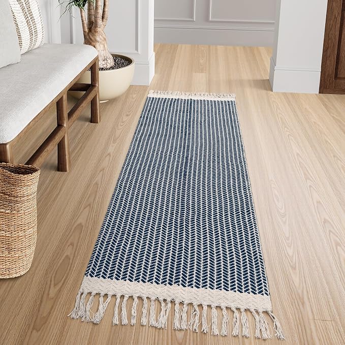 Lahome Boho Bathroom Runner Rug, 2x6 Washable Rugs for Kitchen Hallway | Woven Cotton Laundry Room Throw Carpet with Tassels, Farmhouse Decor Blue Non Shedding Lightweight Mat for Entryway Bath