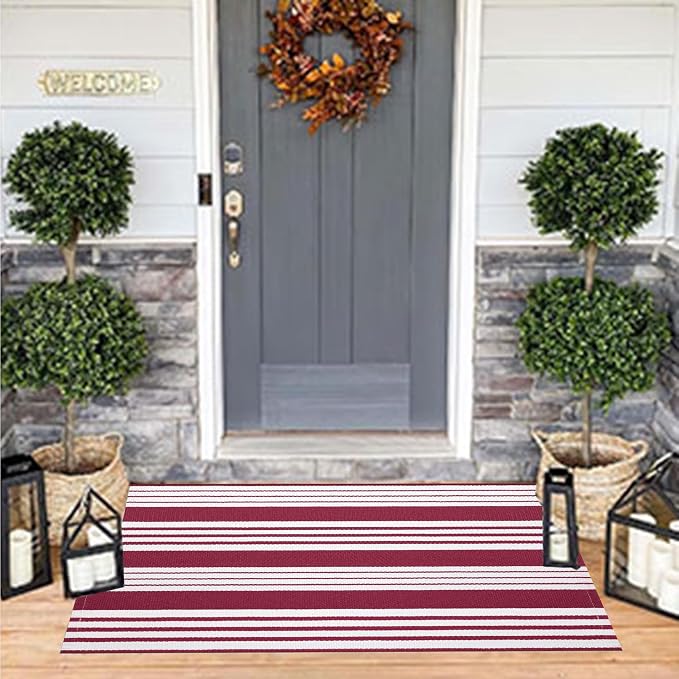 BUAGETUP Red and White Outdoor Rug 24"x51"Washable Front Porch Rug | Hand-Woven Cotton Farmhouse Layered Doormat Combined With Hello Welcome Mat