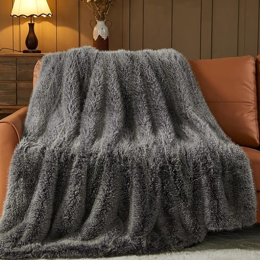 NEWCOSPLAY Faux Fur Thick Twin Blanket for Couch, Black White, 60"x80" | Luxury Fluffy Thick Warm Blanket for Couch Sofa Bed 1000GSM, Soft Plush Cozy Decorative Throw, Gift for Women Men