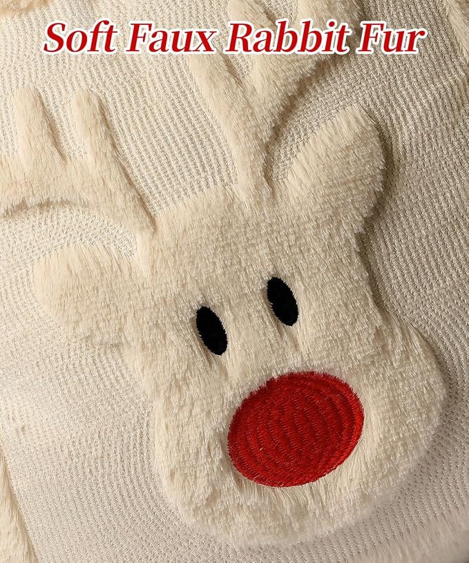 Christmas Pillow Covers Set of 2 Soft Plush Faux Fur Pillow Cases 3D Embroidered Decorative Couch Cover Home Decor Christmas Throw Pillow Covers 18x18,Beige Reindeer