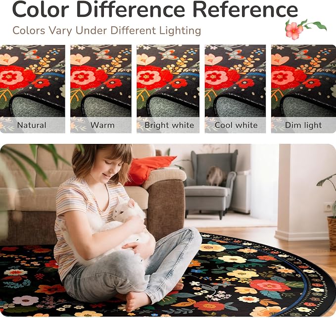 Washable Floral Area Rug for Living Room 4x6 Black | Non-Slip，Vacuum-Friendly, Low Pile, Flower Carpet for Bedroom Kitchen Entryway Dining Room Office Nursery