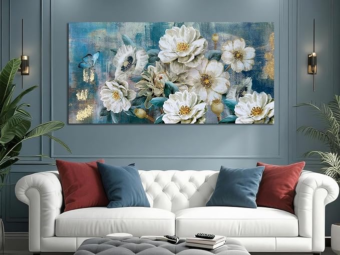 Arjun Flower Canvas Wall Art for Bedroom White Elegant Teal Picture, Textured Floral Magnolia Aesthetic Painting Living Room Wall Decor Turquoise Large Artwork Dining Room Home Office 48"x24"