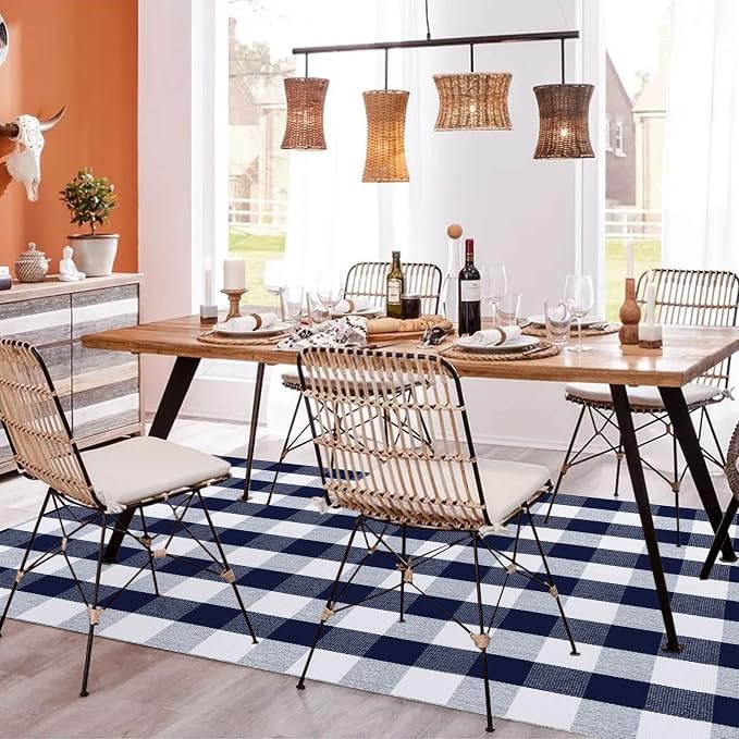 SEEKSEE Buffalo Plaid Rug 4' x 6' Navy Blue and White Large Front Door Mat, Layering Area Rug, Washable Rug for Outdoor Patio Entryway Indoor Living Room Kitchen Dining Room Decor