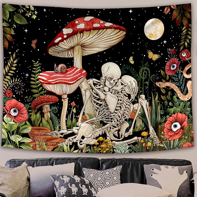 Accnicc Mushroom Skull Tapestry Skeleton Floral Plant Flower Aesthetic Bedroom Tapestries Nature Moon Wall Tapestry for Dorm Living Room (48'' × 36'')